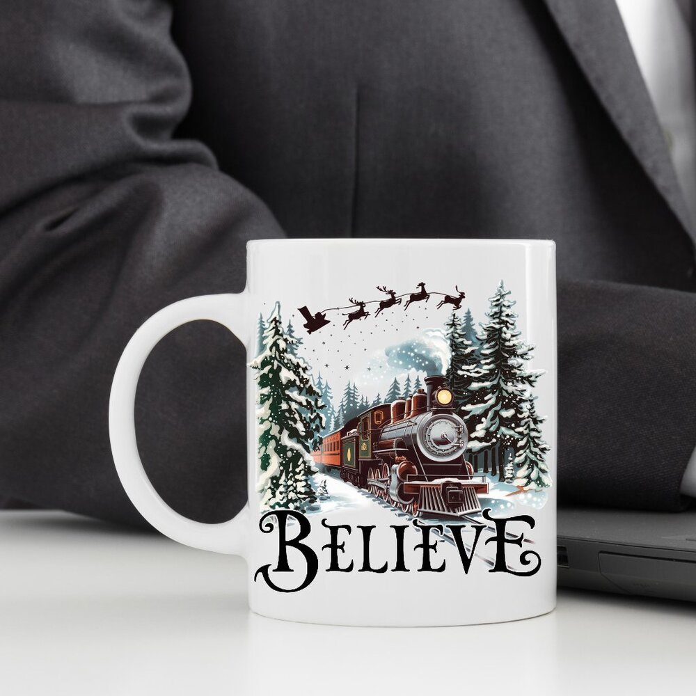 🎄 Believe North Pole Train Christmas Mug – Festive Holiday Scene 11oz Ceramic